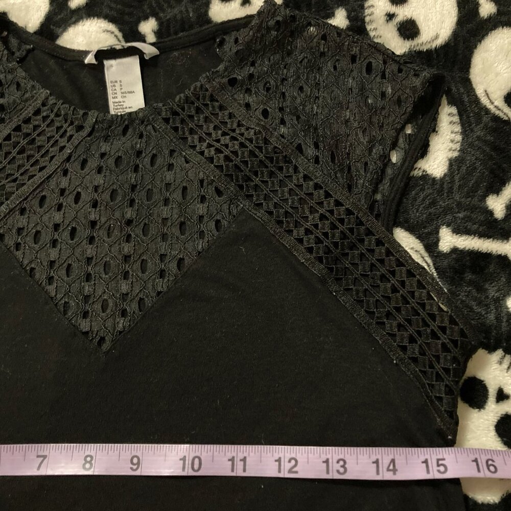 H&M Black geometric lace adorned black short-sleeve top ~ Goth XS SMALL shirt - Picture 7 of 12